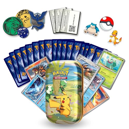 Pokemon Kartenset 50 Verschiedene Karten in DEUTSCH, 5 Holo/Reverseholo Karten, 2 Goodies, 2 Pokemon Sticker, 1 Mini-Tin Box (Alubox) zur idealen Aufbewahrung - händisch ausgewählte Sammelkarten von Platzmangel