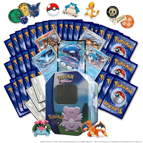 Pokemon XXL Geschenkset, 200+ zufällige Karten, inkl. 1 V/EX Karte, 20 Holo/Reverseholo Karten, 2 Pokemon Minifiguren, 1 Tin Box zur idealen Aufbewahrung, 65 Originale Pokemon Sleeves und viel mehr! von Platzmangel