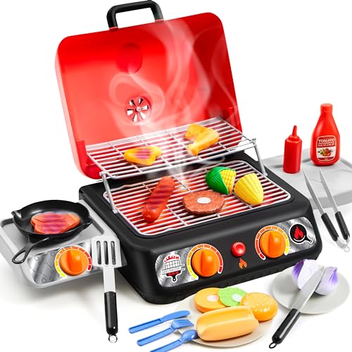 PLAY-ACT Extra großes 2-lagiges BBQ-Grill-Spielset mit vorgetäuschtem Rauch, Licht, Geräuschen und farbveränderndem Essen, Küchenspielzeug-Set, vorgetäuschtes BBQ-Grill-Spielzeugset für Kinder von Play-Act