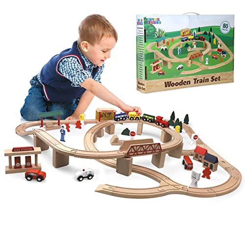 Play Build Holzeisenbahn Set Für Kinder – 80-Teiliges Komplettes Holz Eisenbahnen Set– Interaktives Spiel- Und Lernset – Kreatives Holzeisenbahn-Design – Premium-Qualität Eisenbahn Holz – Ab 3 Jahren von Play Build