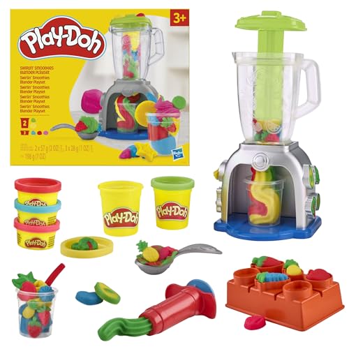 Play-Doh Smoothie Mixer, Bastelset mit Küche, zum Mixen von Shakes, 2 x 57g Dosen & 3 x 28g Dosen Bunte Knetmasse für Zutaten, kreatives für Kinder ab 3 Jahren von Play-Doh