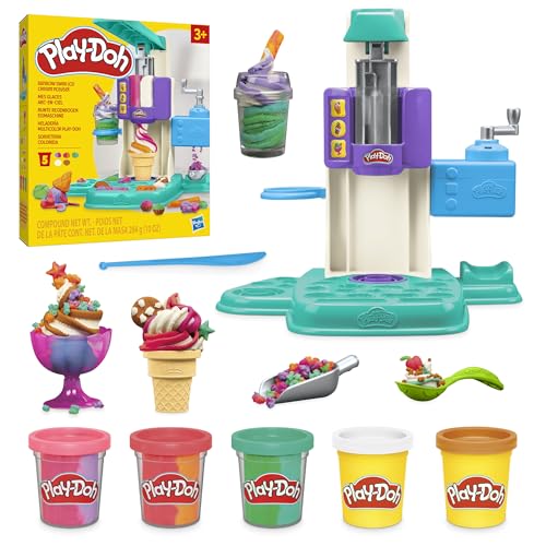 Play-Doh Bunte Regenbogen Eismaschine, 2 x 56g Dosen einfarbig und 3 x 56g Dosen zweifarbig, Spielküchen-Set und zahlreiche Accessoires, kreatives für Kinder ab 3 Jahren von Play-Doh