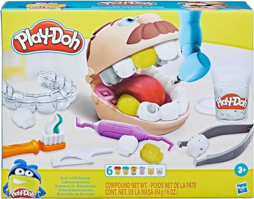 Play-Doh F1259 Zahnarzt Dr. Wackelzahn, Spielzeug für Kinder ab 3 Jahren mit Kariesknete und metallfarbener Knete, 10 Knetwerkzeugen, 8 Dosen à 56 g von Play-Doh