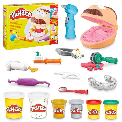 Play-Doh Zahnarzt Dr. Wackelzahn Bastel-Set mit 8 x 56g Becher und 10 Werkzuegen zum Formen, mit Kariesknete und metallfarbener Knete, kreatives für Kinder von Play-Doh