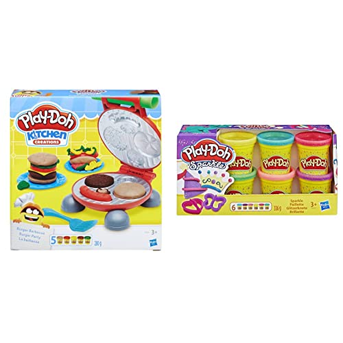 Play-Doh Hasbro B5521EU60 Burger Party, inklusive Knetpresse für Burger und 5 Dosen Knete, für Kinder ab 3 Jahren & A5417EU9 A5417EU8 Glitzerknete für fantasievolles und kreatives Spielen, Multicolor von Play-Doh