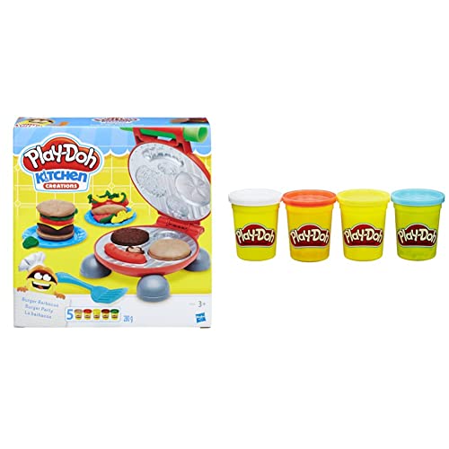 Play-Doh Hasbro B5521EU60 Burger Party, inklusive Knetpresse für Burger und 5 Dosen Knete, für Kinder ab 3 Jahren & B6508ES0 Hasbro B6508EL2-4er Pack Grundfarben Knete, blau, gelb, rot, weiß von Play-Doh