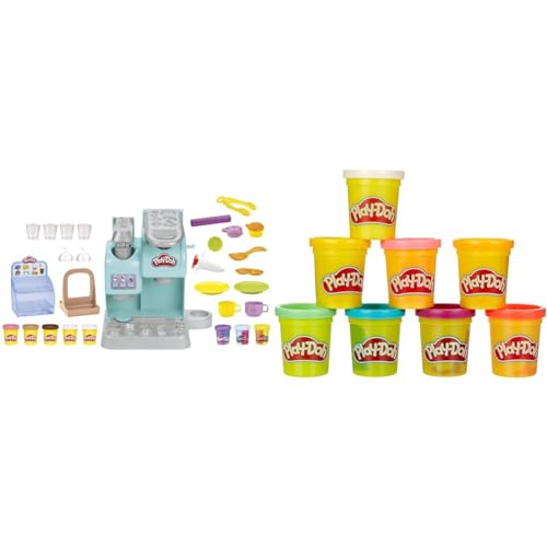 Play-Doh Kitchen Creations Knetspaß Café, Café-Spielset mit 20 Accessoires und 8 Dosen zweifarbige Knete & 5044EU4 8er Pack, Knete in Regenbogen Farben, für fantasievolles und kreatives Spielen, bunt von Play-Doh