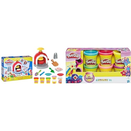 Play-Doh Kitchen Creations Pizzabäckerei Spielset mit 6 Dosen 8 Accessoires & 5417EU9 A5417EU8 Glitzerknete für fantasievolles und kreatives Spielen, Multicolor von Play-Doh