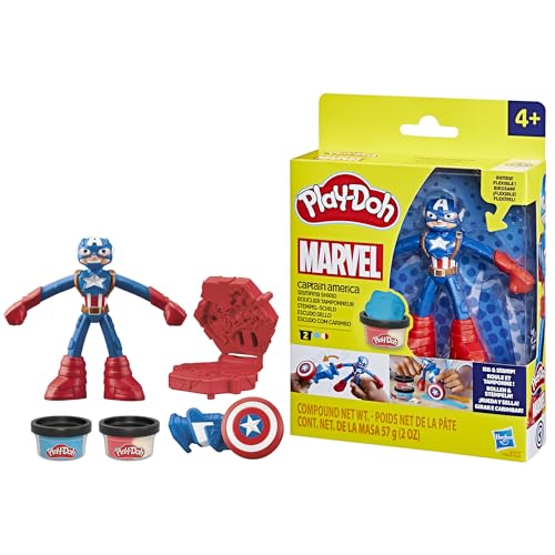 Play-Doh Captain America Action-Set mit Schild, 2 x 56 g Dosen Modelliermaße, Werkzeuge und Förmchen, 10 cm Actionfigur aus Marvel, kreatives für Kinder ab 4 Jahren von Play-Doh