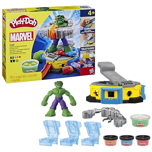 Play-Doh Marvel Hulk Quetsch- & Schmetterspaß, Action-Figur und 3 x 28 g Dosen und 1 x 56 g Dosen, Knetpresse und Formen, kreatives für Kinder ab 3 Jahren von Play-Doh