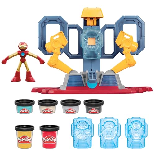 Play-Doh Marvel Iron Man Buntes Labor Spielset, 2 x 57g Dosen & 4 x 28g Dosen Modelliermasse, Actionfigur, Bastel-Set und Formen, kreatives für Kinder ab 3 Jahren von Play-Doh