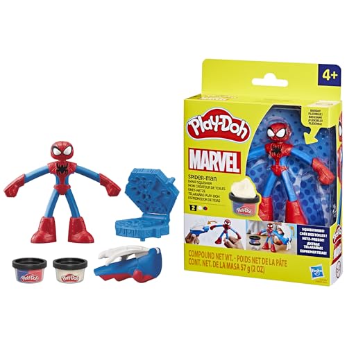 Play-Doh Spiderman Thwip Squisher, 2 Dosen Modelliermasse, Bastelset mit 10 cm große Actionfigur und Stempelformen, Superhelden-Figur mit Abzeichen, kreatives für Kinder ab 3 Jahren von Play-Doh