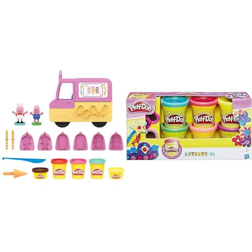 Play-Doh Peppas Eiswagen Spielset, Peppa und Schorsch Figuren und 5 Dosen, Multicolour, Einheitsgröße & 5417EU9 A5417EU8 Glitzerknete für fantasievolles und kreatives Spielen, Multicolor von Play-Doh