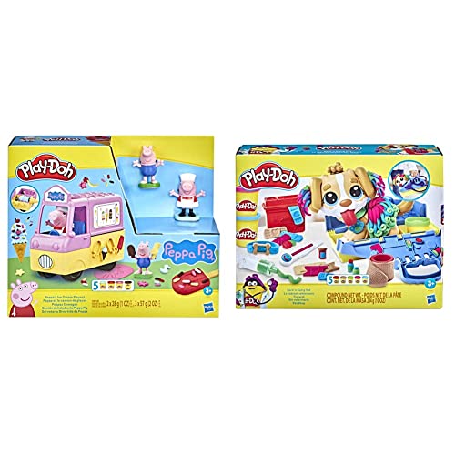 Play-Doh Peppas Eiswagen Spielset mit Peppa und Schorsch Figuren, 5 Dosen Play-Doh, 10 Knetwerkzeugen, Tragebox - Für Kinder, Peppa Pig, Eiswagen-Thema, Knetmasse, Handbetrieb, Spielzeug-Set von Play-Doh