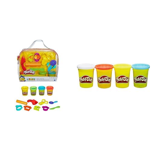Play-Doh Starter Set mit 9 Werkzeugen und 4 Dosen Knete, für unterwegs & B6508ES0 Hasbro B6508EL2-4er Pack Grundfarben Knete, für fantasievolles und kreatives Spielen, blau, gelb, rot, weiß von Play-Doh