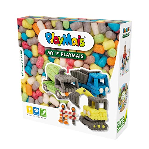 PlayMais BASIC My 1st Construction Site Bastelset für Kinder ab 3 Jahren I Motorik-Spielzeug mit 650 Stück, Zubehör & Anleitung I Natürliches Spielzeug I Fördert Kreativität & Feinmotorik von PlayMais