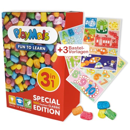 PlayMais - Fun to Learn 3in1 -für Kinder ab 3 Jahren I Motorik-Spielzeug mit mehr als 1000 Stück, Vorlagen & Anleitung I Natürliches Spielzeug I Fördert Kreativität & Feinmotorik von PlayMais