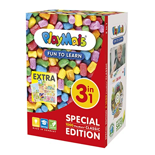 PlayMais - Fun to Learn 3in1 -für Kinder ab 3 Jahren I Motorik-Spielzeug mit mehr als 1000 Stück, Vorlagen & Anleitung I Natürliches Spielzeug I Fördert Kreativität & Feinmotorik von PlayMais