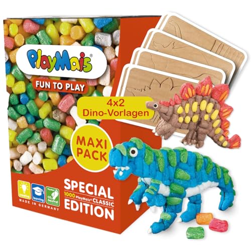 PlayMais Fun to Play MAXI PACK 3in1 Dinosaur für Kinder ab 3 Jahren | Motorik-Spielzeug mit 1000 Classic, 8 Vorlagen & Anleitungen | Natürliches Spielzeug | Fördert Kreativität & Feinmotorik von PlayMais