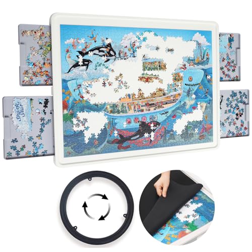 Playboda 1500 Teile Nicht-Holz-Puzzlebrett mit Schubladen und Abdeckung, 88,9 x 66 cm, tragbarer Puzzletisch für Erwachsene, Lazy Susan Spinning Puzzlebretter (zum Patent angemeldet) von Playboda