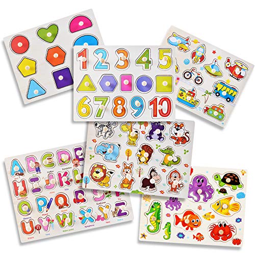 Steckpuzzle Holzpuzzle Lernspiel aus Holz für Kinder, Holzpuzzle 6er-Pack, Tiere, Zahlen, Formen und Buchstaben, Fantastische Lernhilfe für Kinder, Kleinkinder und Babys von Playcrate