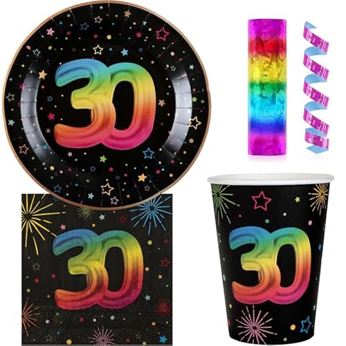 Playflip 30. Geburtstag Einweggeschirr bunt Partyset Party Geschirr Pappteller Pappbecher Servietten von Playflip