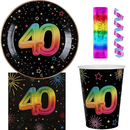 Playflip 40. Geburtstag Einweggeschirr bunt Partyset Party Geschirr Pappteller Pappbecher Servietten von Playflip