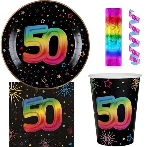 Playflip 50. Geburtstag Einweggeschirr bunt Partyset Party Geschirr Pappteller Pappbecher Servietten von Playflip