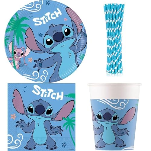 Playflip Partygeschirr Stitch Partyset Kindergeburtstag Party Geburtstag-Deko Dekoration Teller Becher Servietten Einweggeschirr Lilo Angel von Playflip