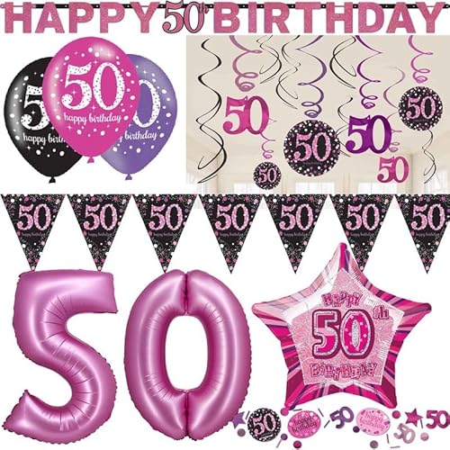 Playflip Partyset 50. Geburtstag Deko Geburtstagsdeko Deko pink rosa schwarz Frau Zahl von Playflip