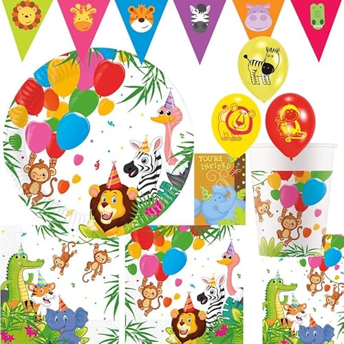 Playflip Partyset Tiere Kindergeburtstag Safari Dschungel Zoo Geburtstag Deko Dekoration von Playflip