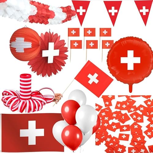 Schweiz Party Deko Set 239 TLG. Partyset Partydeko rot weiß Fussball EM WM von Playflip