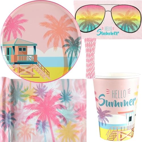 Sommer Partyset Palmen Teller Becher Servietten rosa Party Deko Poolparty Strand von Playflip