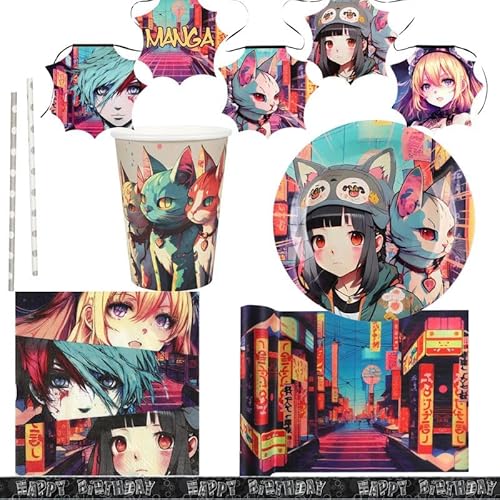 XL Partyset Manga Anime Party Deko Set Kindergeburtstag Katze Teller Becher Servietten von Playflip