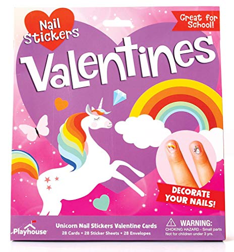 Playhouse Regenbogen-Einhorn-Nagelaufkleber-Blatt, 28 Karten, super Valentinstags-Austauschpaket für Kinder von Playhouse