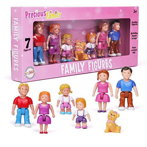 Playkidiz Familienfiguren – Set mit 7 kleinen Spielzeugmenschen zum Spielen im Puppenhaus, inklusive Eltern, Geschwister und Haustier – Puppenhauszubehör für Kinder von Playkidz