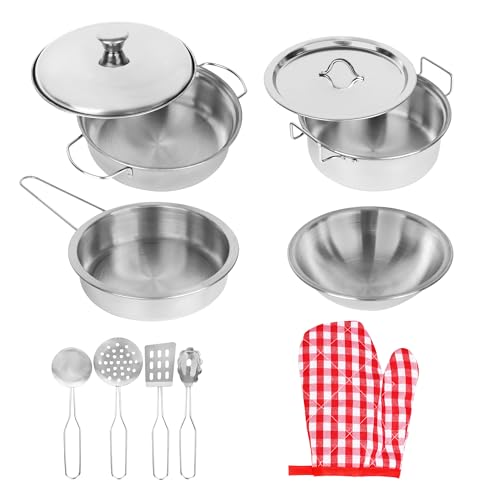 Dress Up America Super strapazierfähige 11-teilige Töpfe und Pfannen aus rostfreiem Stahl Spielzeug-Kochgeschirr-Kochgeschirr-Spielset für Kinder Pretend Play House, Silber von Playkidz