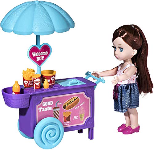 Playkidiz Mini Puppe Food PlaySet: Pretend Play Brunet Mini-Puppe mit super langlebigem Essen Push Cart für Kinderpuppenhaus oder einfach Spaß von Playkidiz