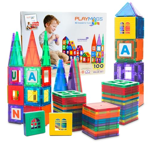 Playmags Magnetische Bausteine - 100 Stück Super Set: Mit stärksten Magneten garantiert, robust, super haltbar mit lebendigen klaren Farbe Fliesen. 18-teiliges Clickins-Zubehör von Playmags