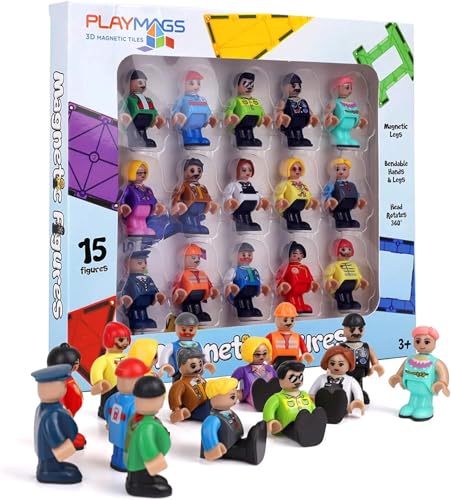 Playmags Magnetfiguren-Gemeinschaftsfiguren-Set mit 15 Teilen – 2 Zoll große Magnetfiguren – Magnetplättchen zum Spielen – Mint-Spielzeug für Kinder – Magnetplättchen-Erweiterungspaket von Playmags