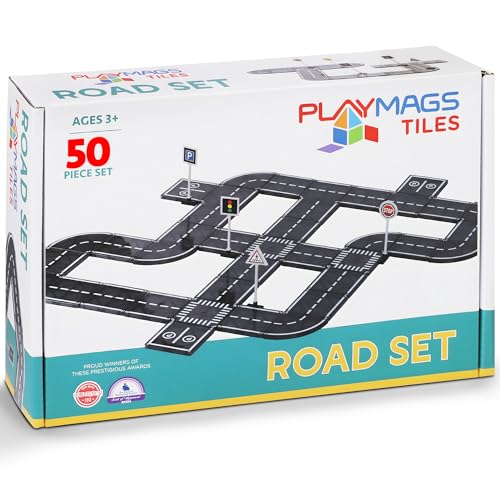 Playmags Magnetplättchen-Straßenset – 50-Teilig, STEM-Pädagogisches Konstruktionsspielzeug, Autostrecke, Bausteine, Magnetspielzeug Für Kleinkinder, Sicher Ab 3 Jahren von Playmags