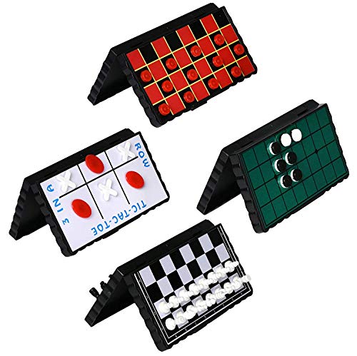 Playmags Point Games Reise-Brettspiel-Set – Packung mit 4 klassischen Magnetspielen für Kinder – enthält einzelne Bretter und Figuren für Dame, Schach, Tic Tac Toe und Reversi. von Point Games