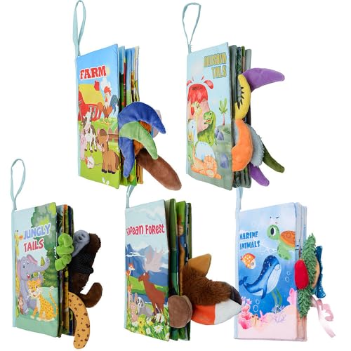 Playtastic Baby-Stoffbuch: 5er Set 3D-Stoffbuch,Bauernhof,Dinosaurier,Dschungel,Europäischer Wald (Buch aus Stoff für Baby, 3D-Stoffbuch für Babys) von Playtastic