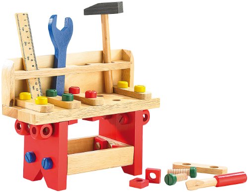 Playtastic Werkbank Kinder: Lustige Holzwerkbank für kleine Handwerker, 51-teilig (Kinder Holzwerkbank, Kinder Werkbank Holz, Spielsachen) von Playtastic