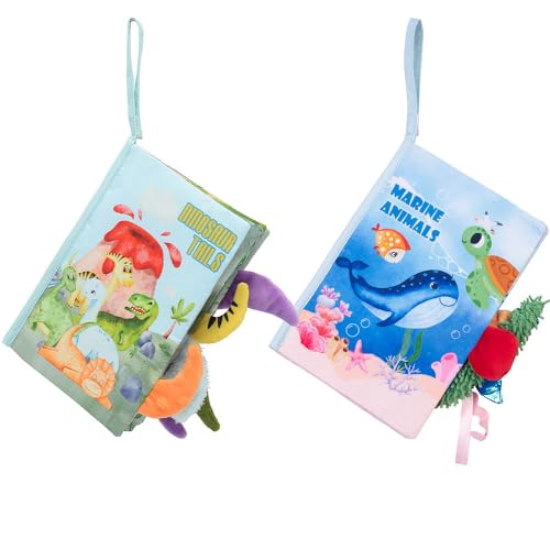 Playtastic Stoffbuch Baby: 2er Set 3D-Stoffbuch Dinosaurier & Meer für Babys (0 bis 6 Monate) (Tastspielzeug, Spielbuch) von Playtastic