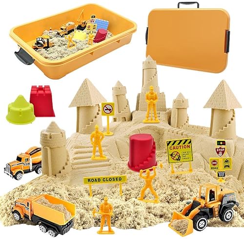 Playtastic Zaubersand mit Spielzeug: Spielset mit 1,4 kg kinetischem Sand, 7 Fahrzeugen, 10 Formen, Koffer (Spielzeug-Sandkoffer, Kinder-Sandspielzeug-Set) von Playtastic