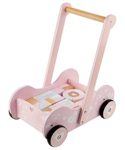 Playtive Holz Schiebewagen mit Holzklötzen Laufen Lernen (Rosa) von Playtive