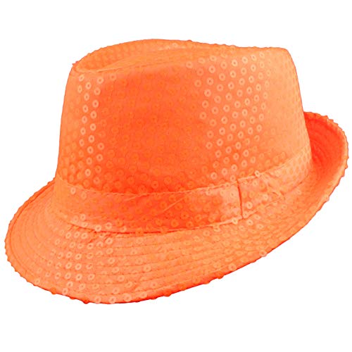 Paillettenhut Partyhut Trilby Hut Blink Fedora Bogart Glitzerhut Glitter Pailettenhut Pailletten Hut Disco-Hut (Neon Orange) von Plitsch Platsch