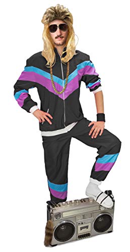 Plitsch Platsch 80er Jahre Kostüm Trainingsanzug Assi Damen und Herren Größe XS-4XL - Karneval Anzug Fasching (Schwarz mit lila-hellblau, S) von Plitsch Platsch