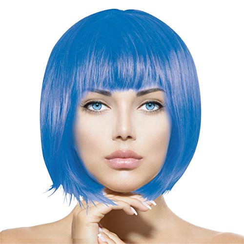 Plitsch Platsch Perücke Bob Pagenkopf Cabaret Wig Kurzhaar Charleston Perücken Fasching Karneval Halloween Motto Party - 24 Farben Varianten für Erwachsene, One Size (blau) von Plitsch Platsch